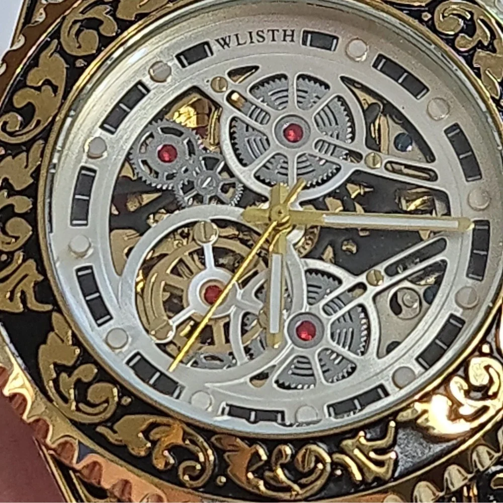 NWOB WLISTH Automatic Skeleton Watch. Gold/Black,SS Case & Strap.